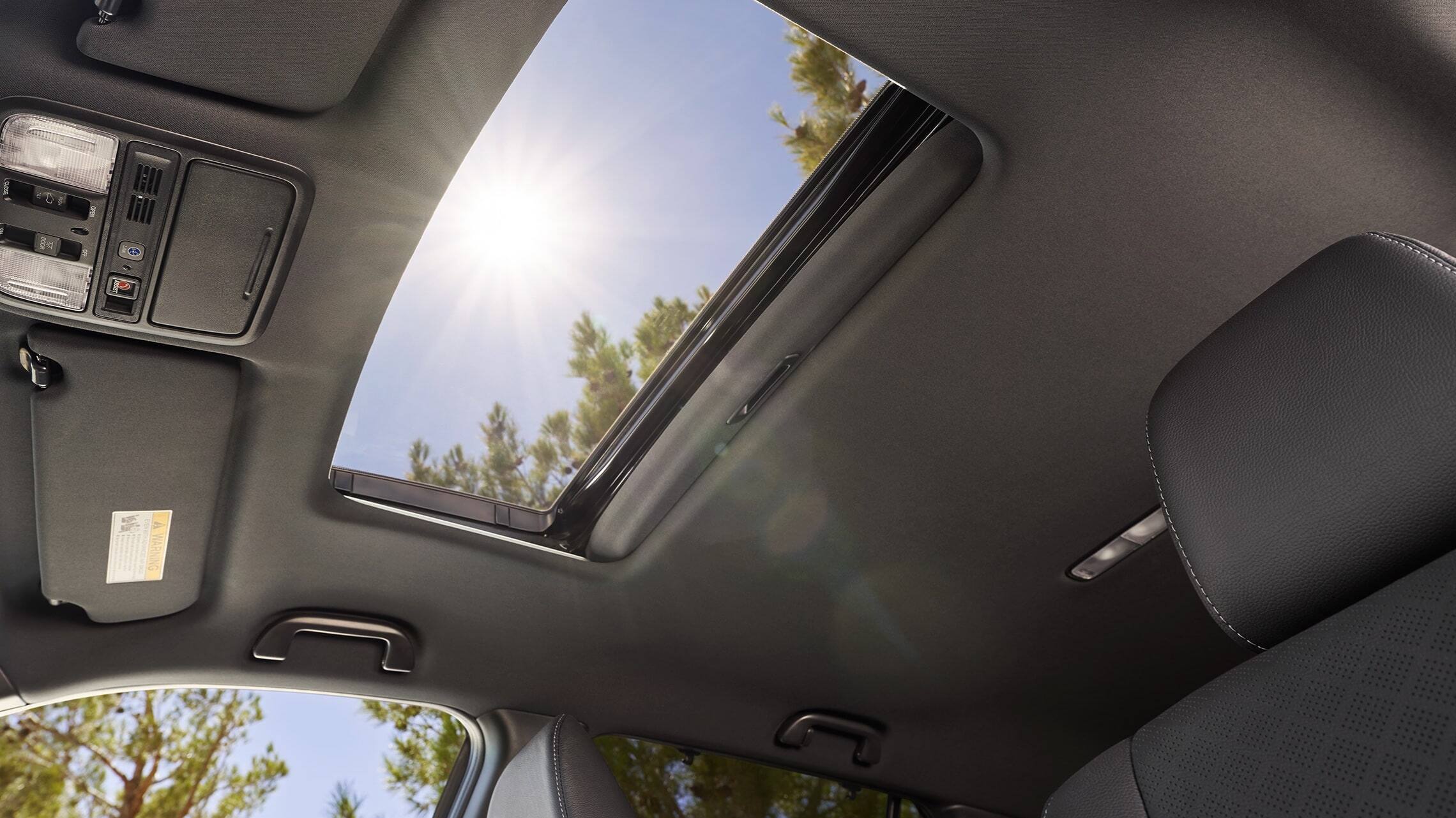 Interior view with one-touch power moonroof detail on the 2019 Honda Passport Elite.